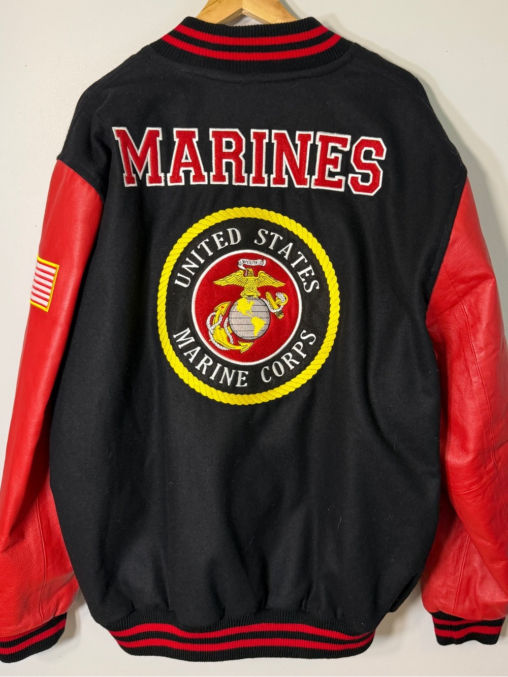JWM Wholesale USMC Marine Corps varsity jacket red leather sleeve 2X EUC bomber